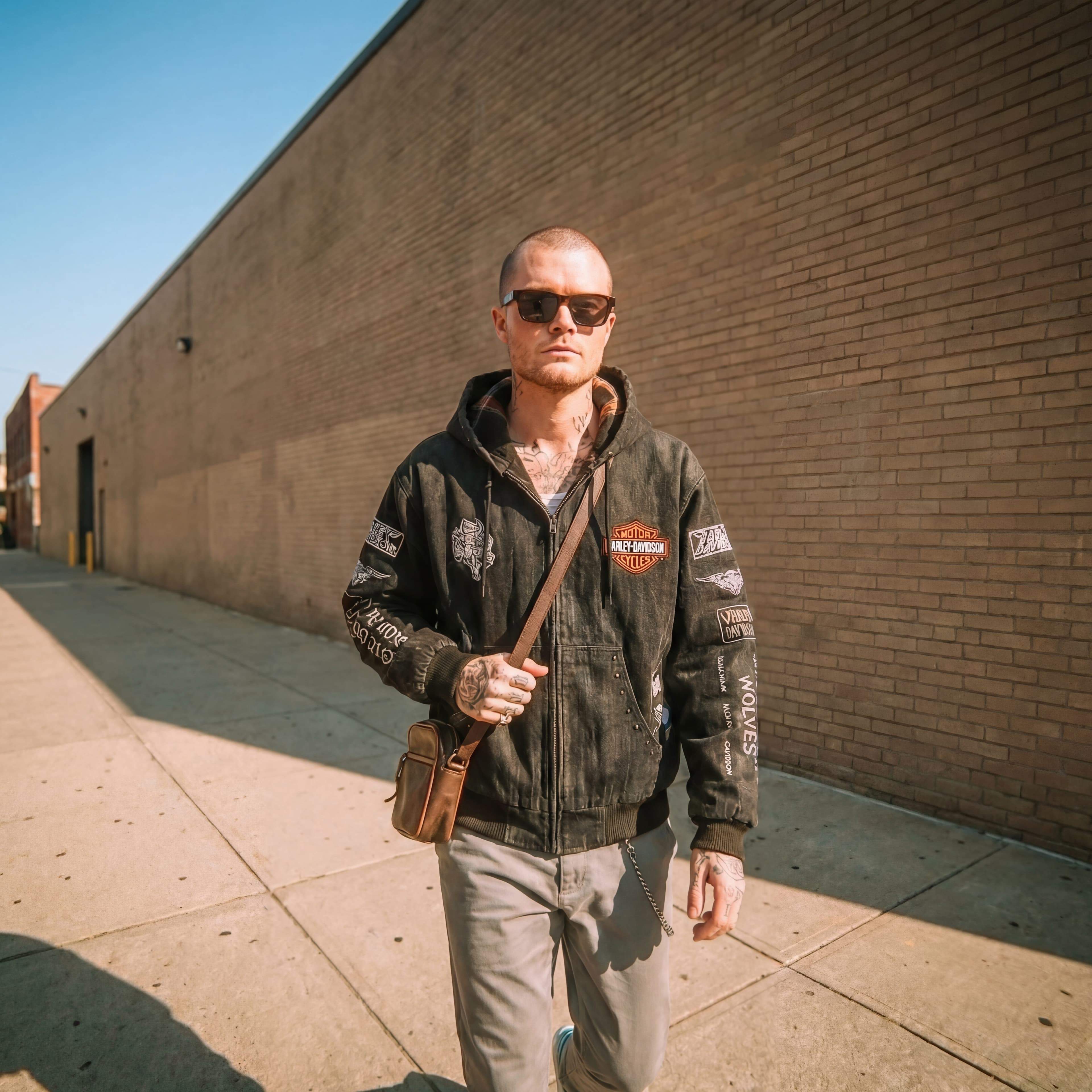 AI-generated editorial — patched jacket street look